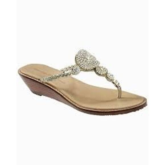 Tommy Bahama | 7 | Yerba Leather Wedge Sandals Gold Rhinestone Slip On  Women - Picture 1 of 7